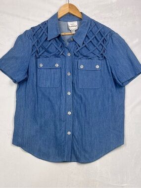 Joseph Ribkoff Vintage Chambray Lattice Detail Button-Up Shirt Jacket Size 14